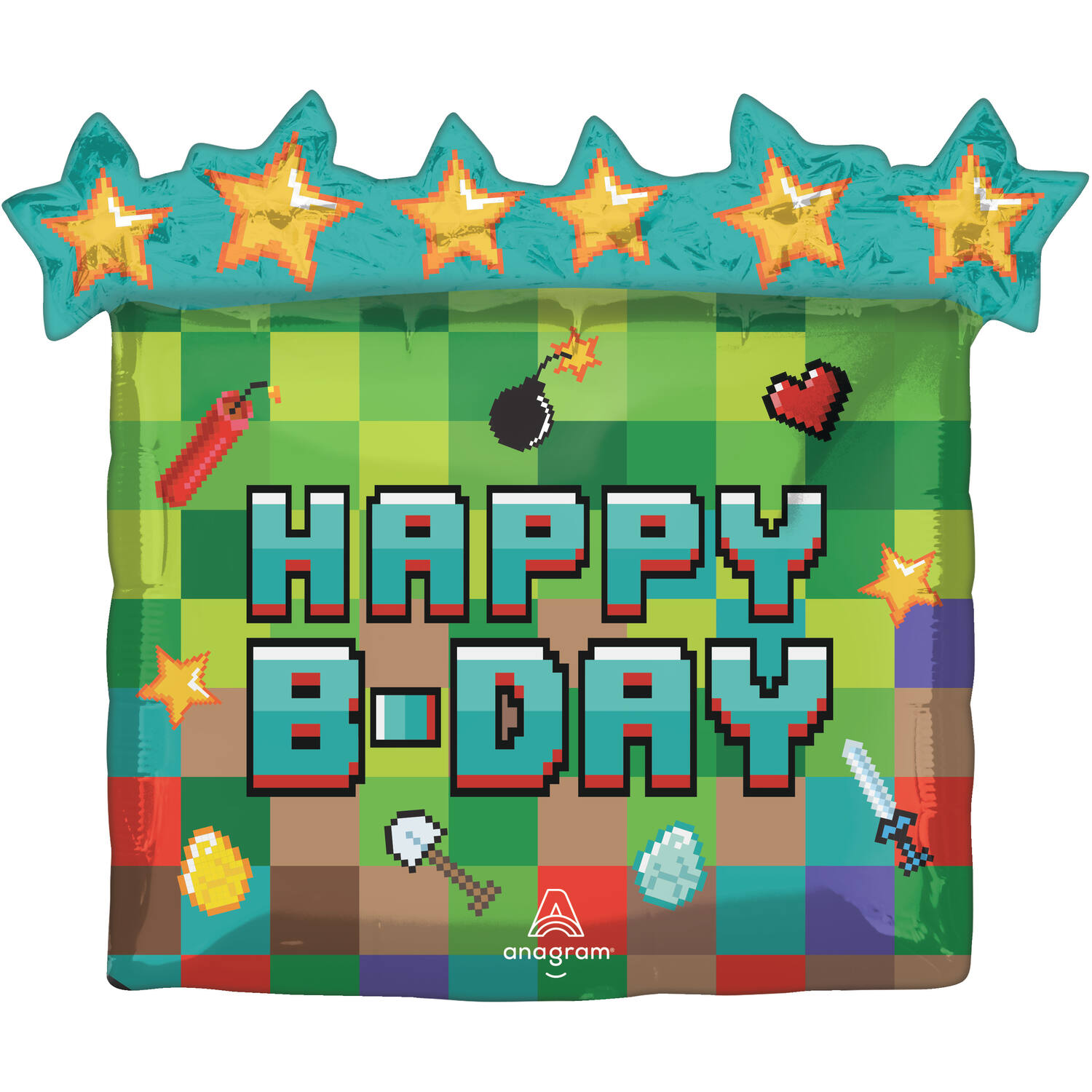 Foil Balloon - "HAPPY B-DAY" - Pixel Party - 63 x 58 cm